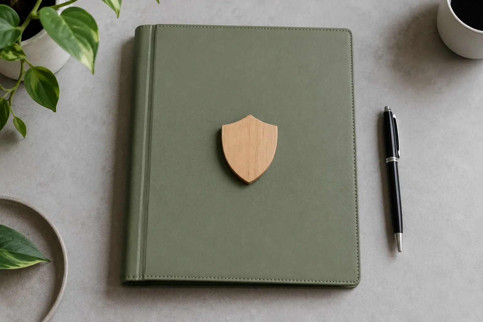 Groen notitieboek met houten schildje, zwarte pen, planten en kopje koffie op tafel