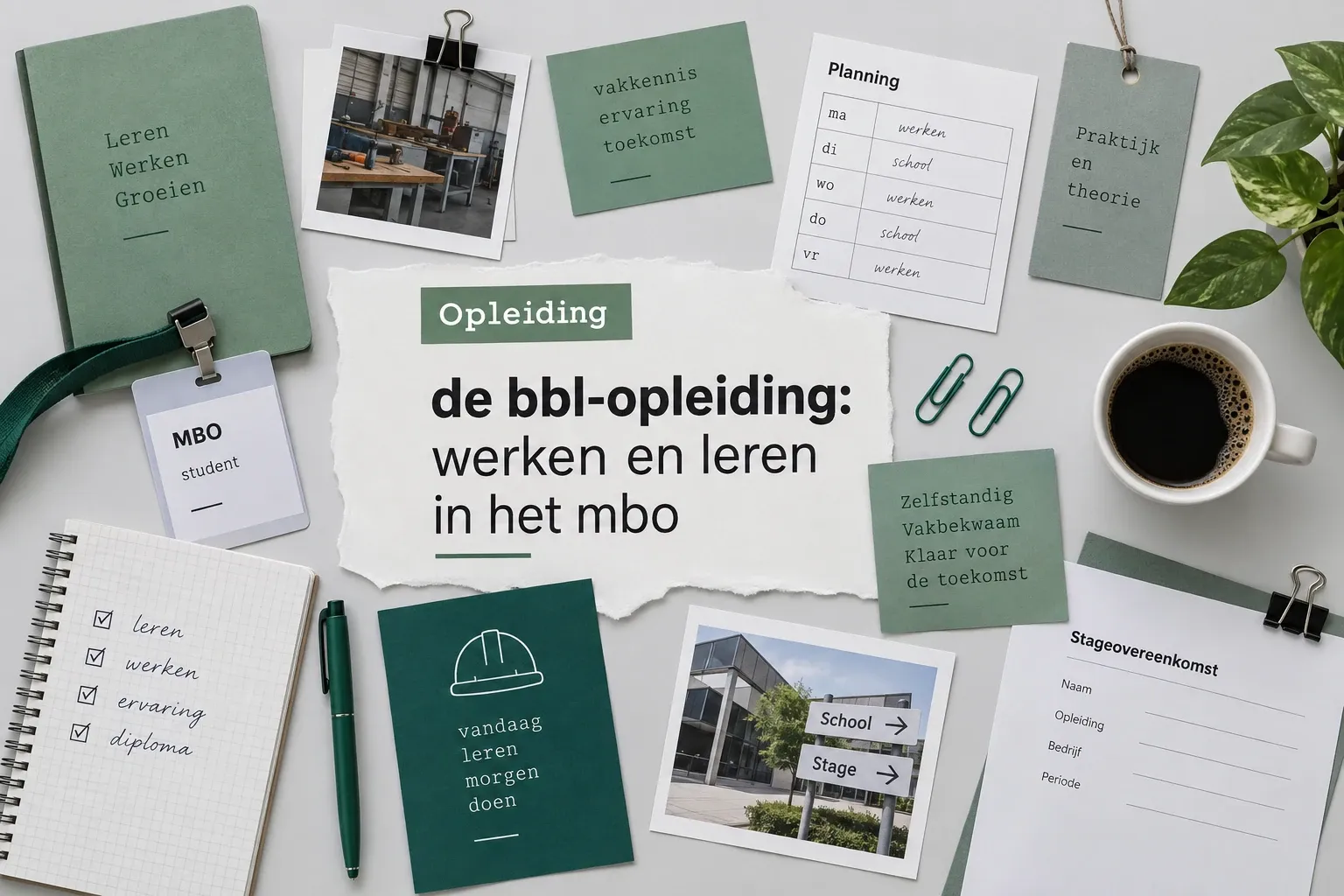 Overzicht van studieplanning en mbo-studie spulletjes rond koffiekopje and kaartje