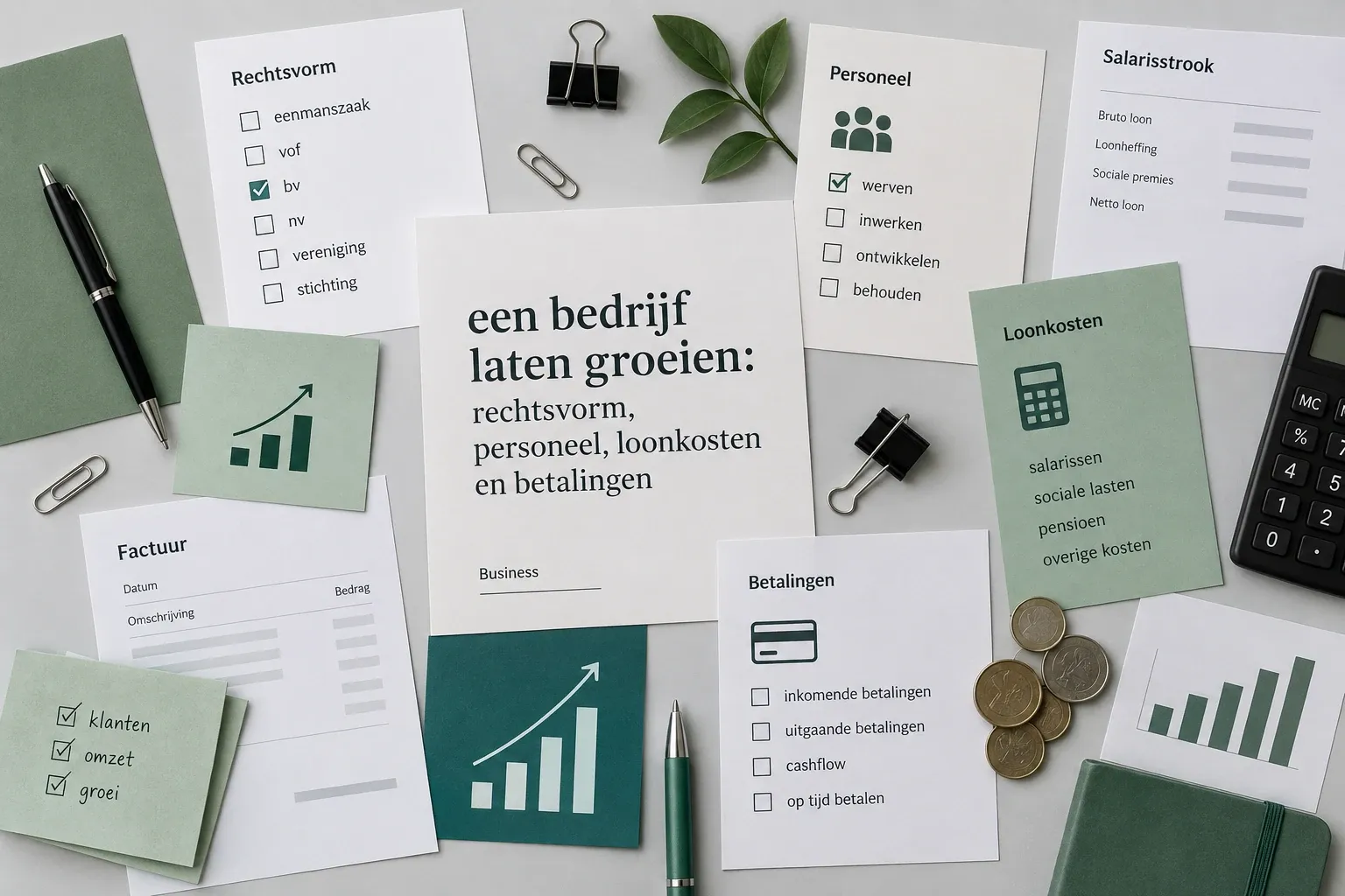 Blad met titel een bedrijf laten groeien omringd door financiële kaarten en munten