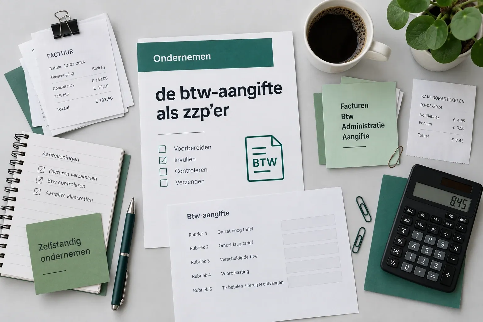 Werktafel met btw-aangifteformulieren, rekenmachine, notities, pen en koffie cup