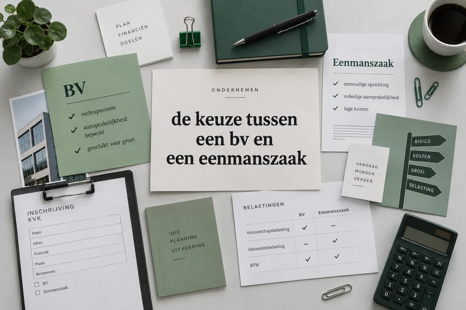 Werkplek met documenten over de keuze tussen bv en eenmanszaak, rekenmachine en notitieboekjes