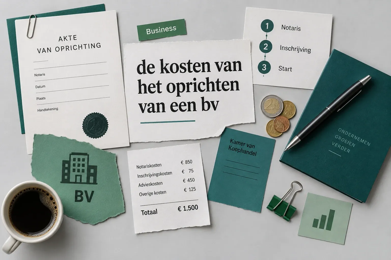 Documenten, pen, euromunten en koffiekopje rond kostenoverzicht voor oprichting van een bv