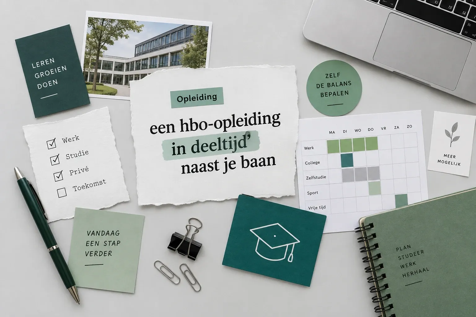 Werkende persoon met laptop, studieplanning, notities, pen en groene studiematerialen