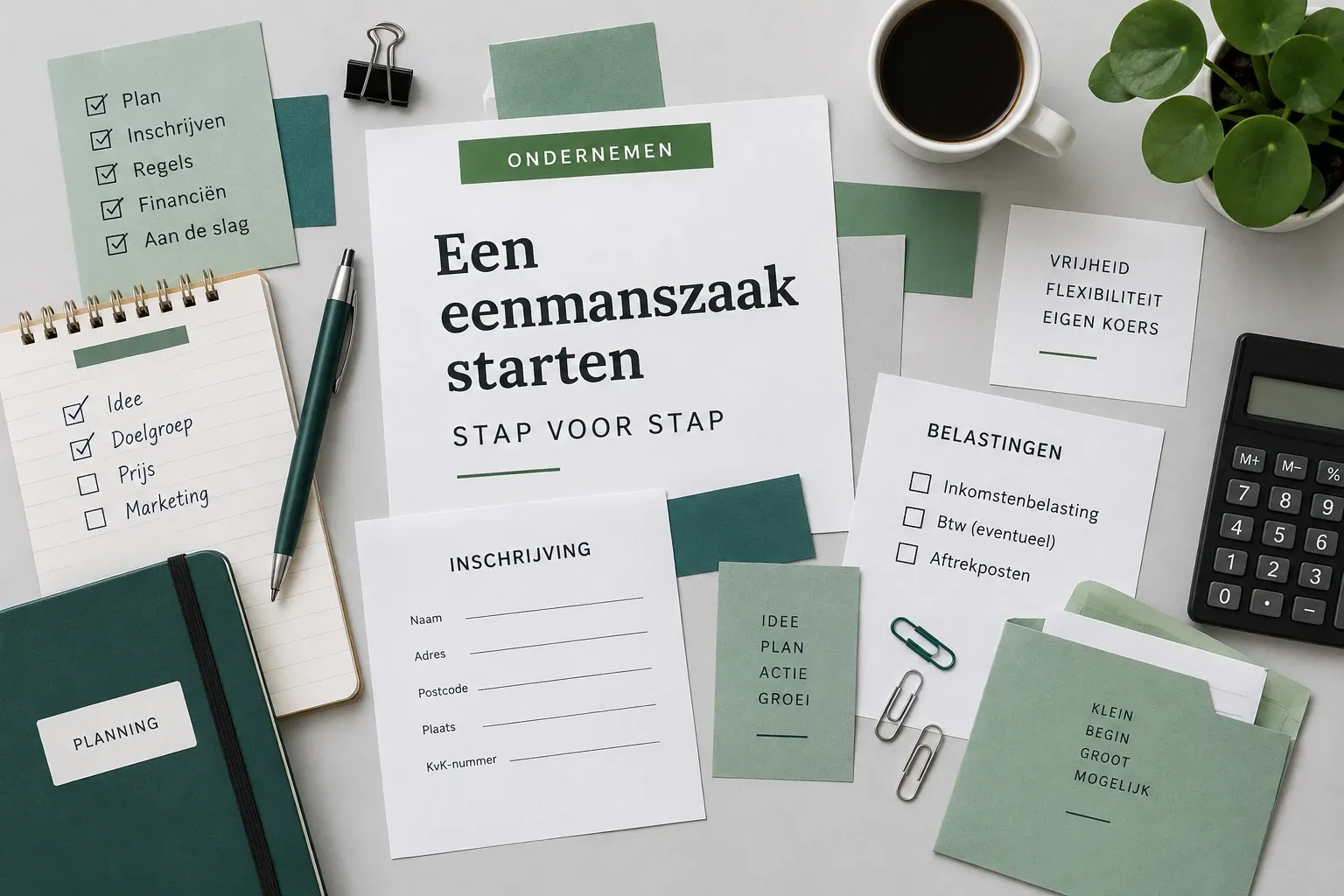 Bureau met inschrijfformulier, notitieboek, pen, rekenmachine en kop koffie rondom gids “Een eenmanszaak starten