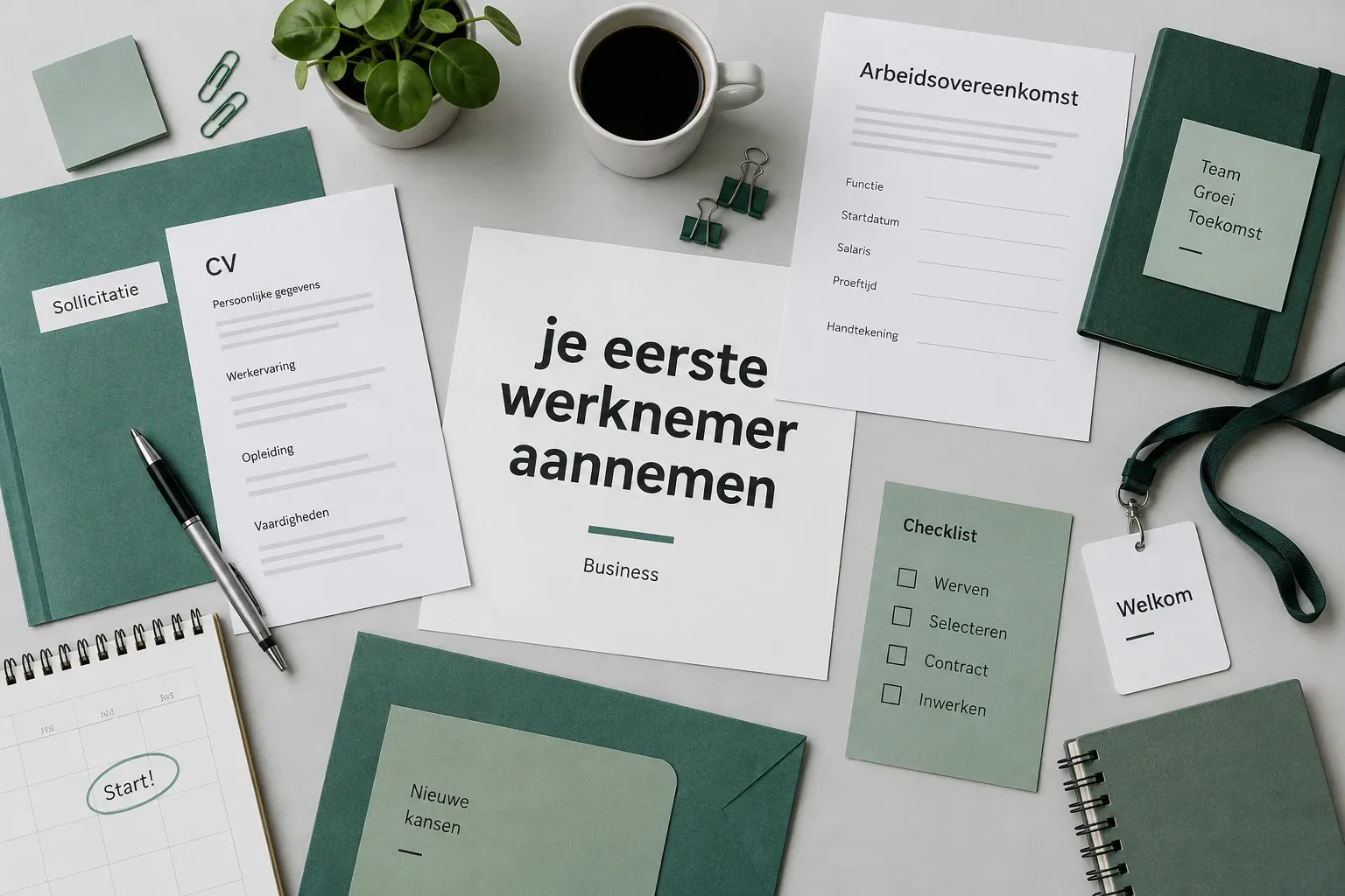 Werkplek met contract, cv, checklist en kop koffie rondom document "je eerste werknemer aannemen
