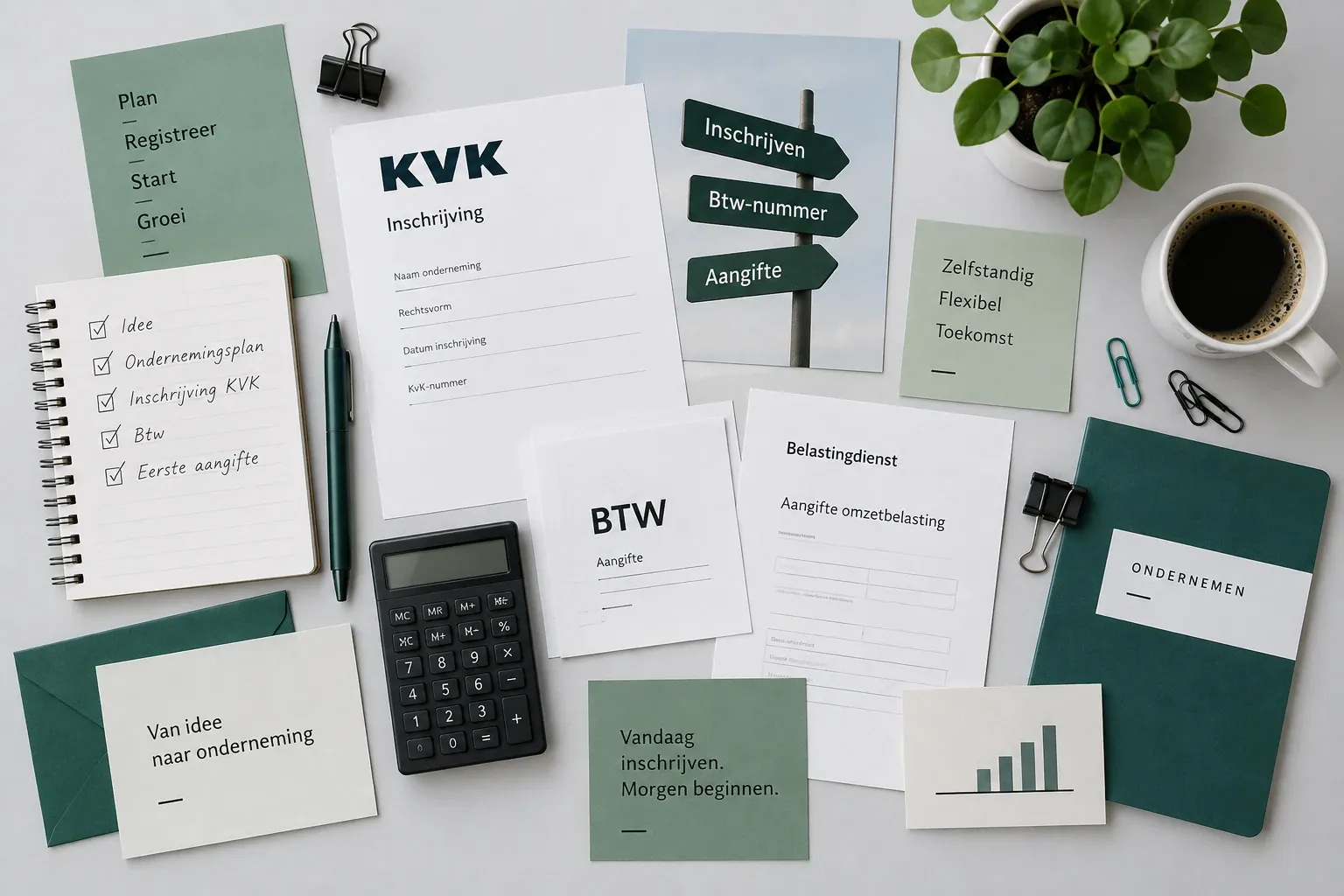 KVK-inschrijfformulier, BTW-briefje, rekenmachine en notities voor bedrijfstart in Nederland