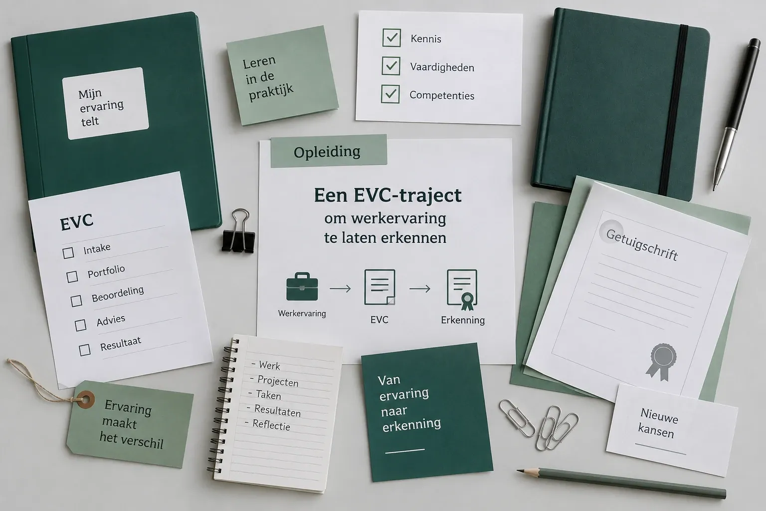 Bureau met notitieboekjes, checklist EVC, certificaat en kantoorbenodigdheden voor traject erkennen ervaring