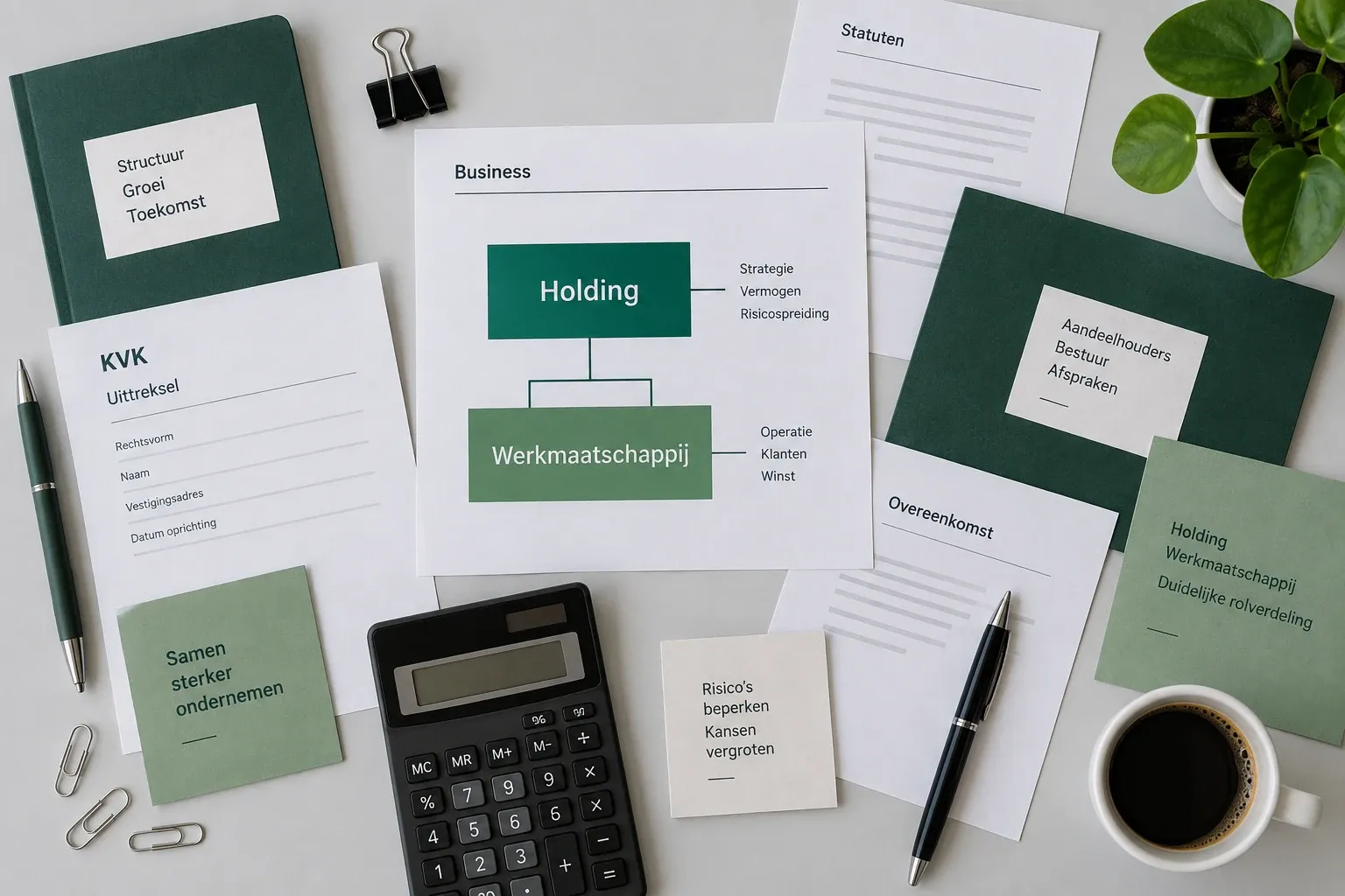 Bureau met diagram holding en werkmaatschappij, documenten, rekenmachine en koffie cup