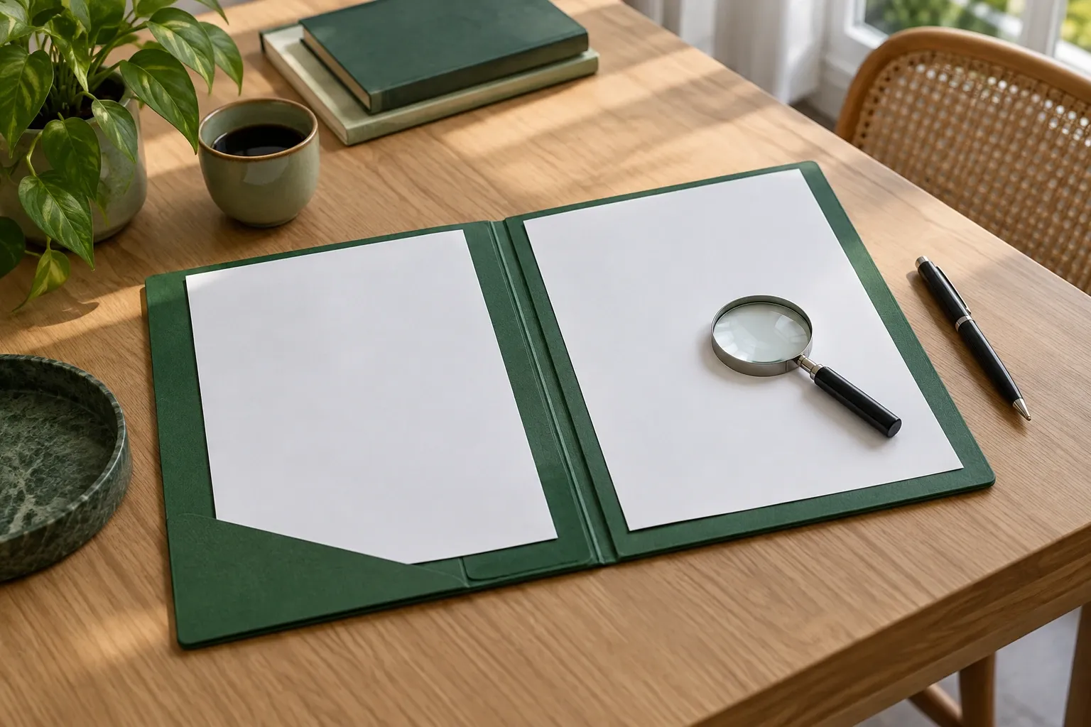 Open map met blanco documenten, vergrootglas, pen en koffie op houten bureau