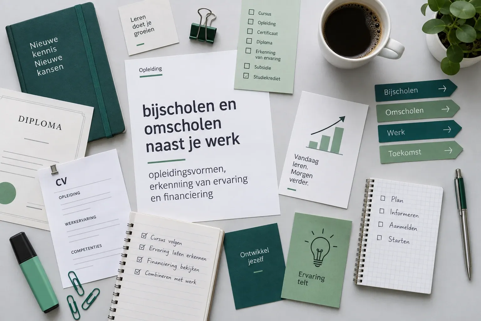 Bureau met notities, diploma, cv, koffiekop en kaarten over bijscholen en omscholen