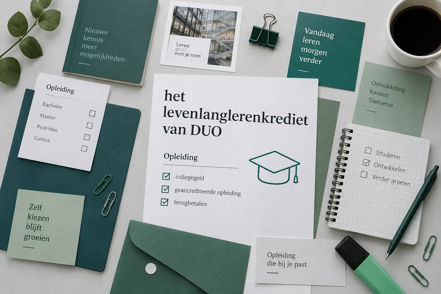 Brochure en notities over het levenlanglerenkrediet van DUO op bureau met pen