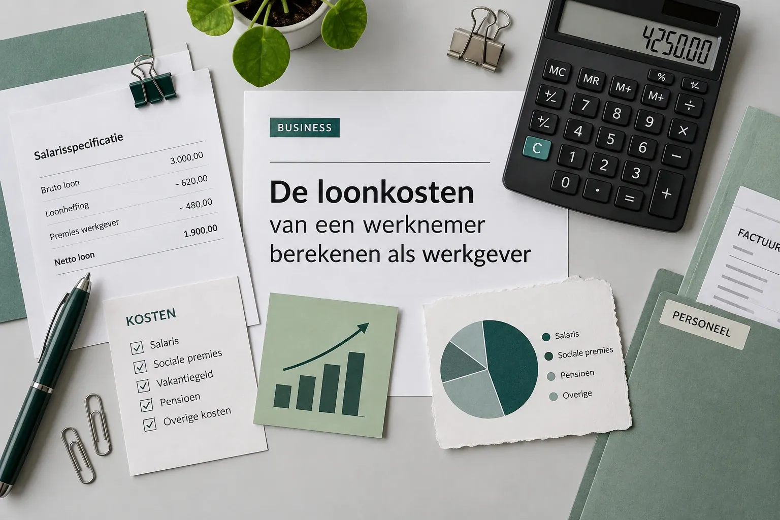 Werktafel met salarisspecificatie, rekenmachine, grafieken en pen bij berekening loonkosten