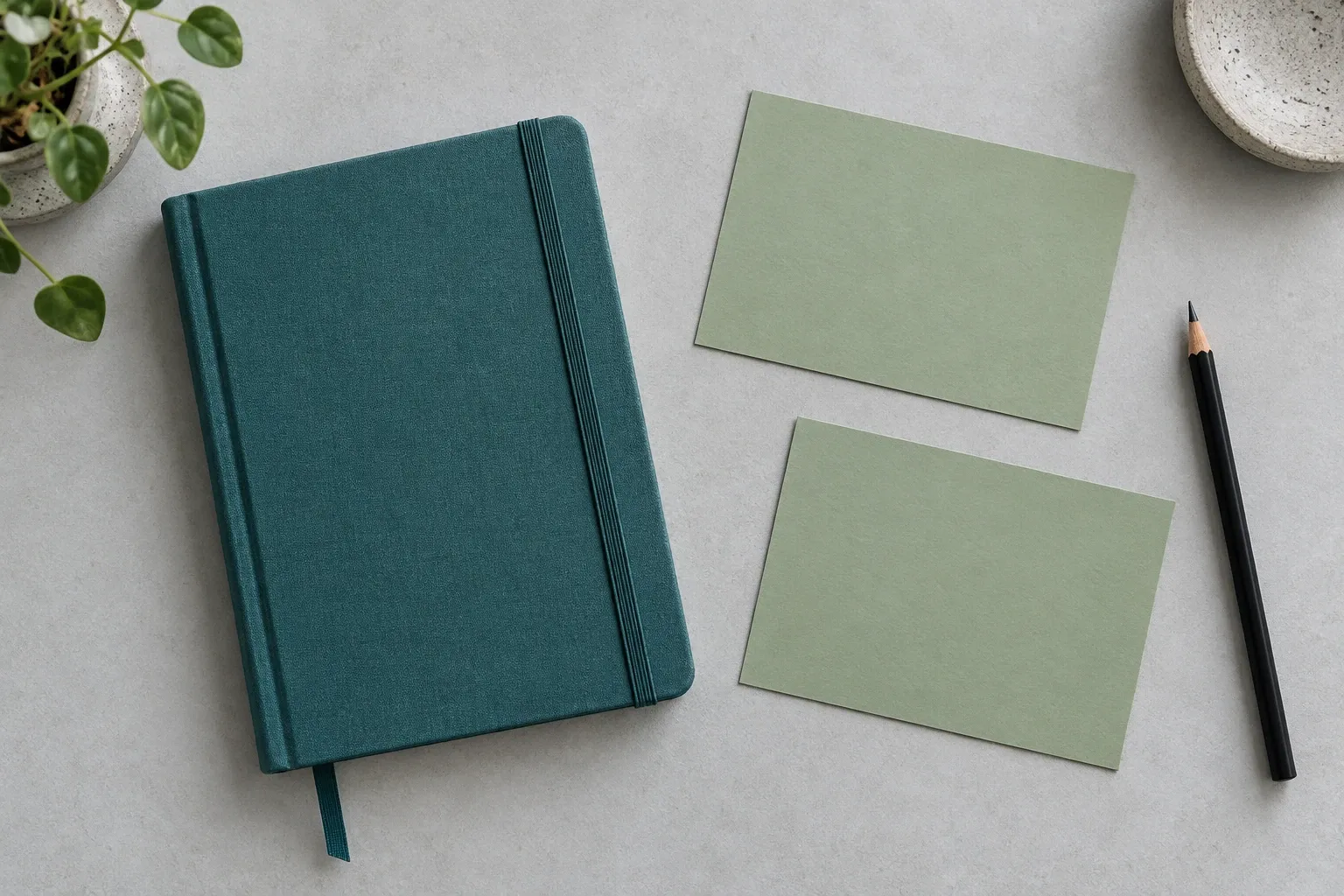 Donkergroen notitieboek met twee groene kaartjes, potlood en planten op grijze ondergrond