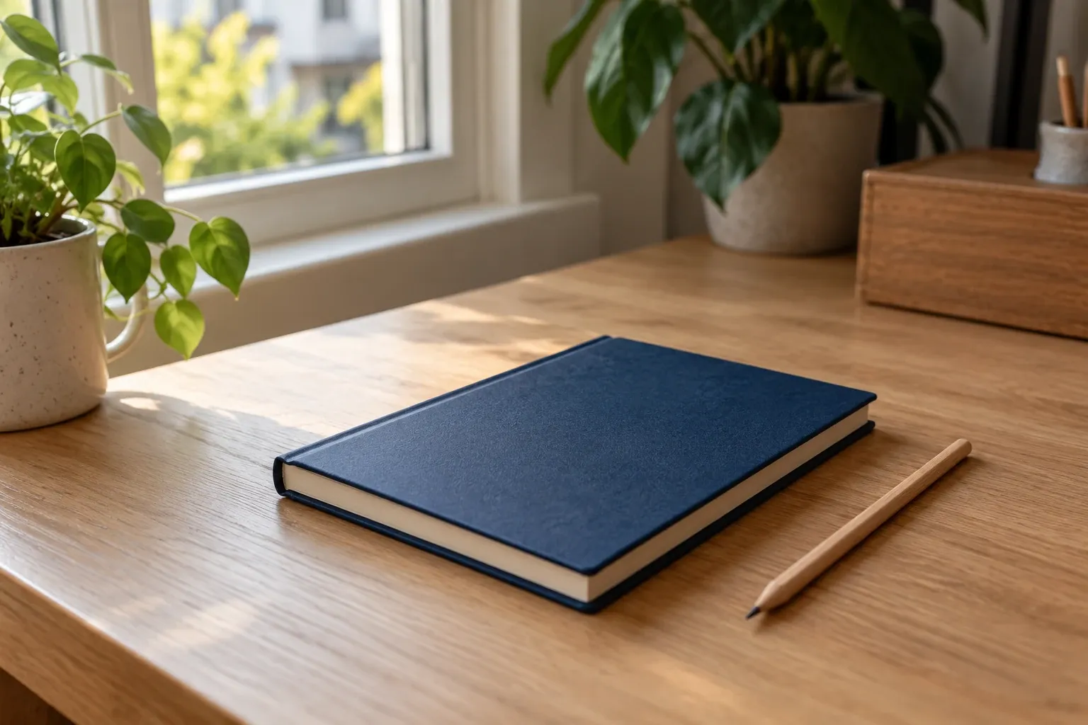 Donkerblauw notitieboek en potlood op houten bureau bij zonverlicht raam en planten