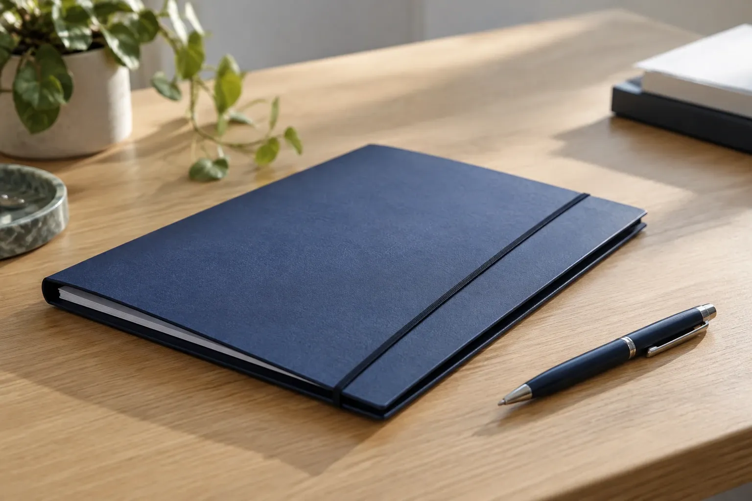 Donkerblauw dossiermap met elastiek en pen op houten bureau bij planten