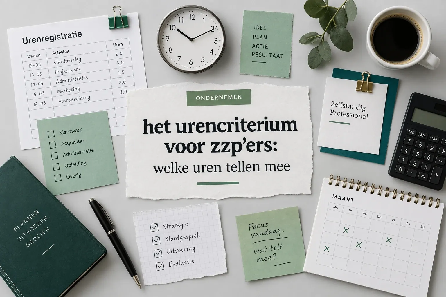Werkplek met urenregistratie, klok, notities, kalender, pen en kop koffie