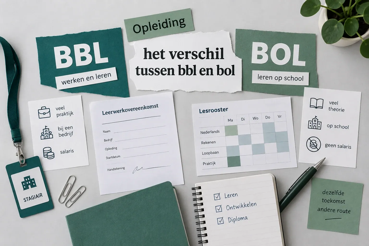 Twee papieren kaartjes "BBL" en "BOL" tussen opleidingsmateriaal op bureau, notitieboek en pen