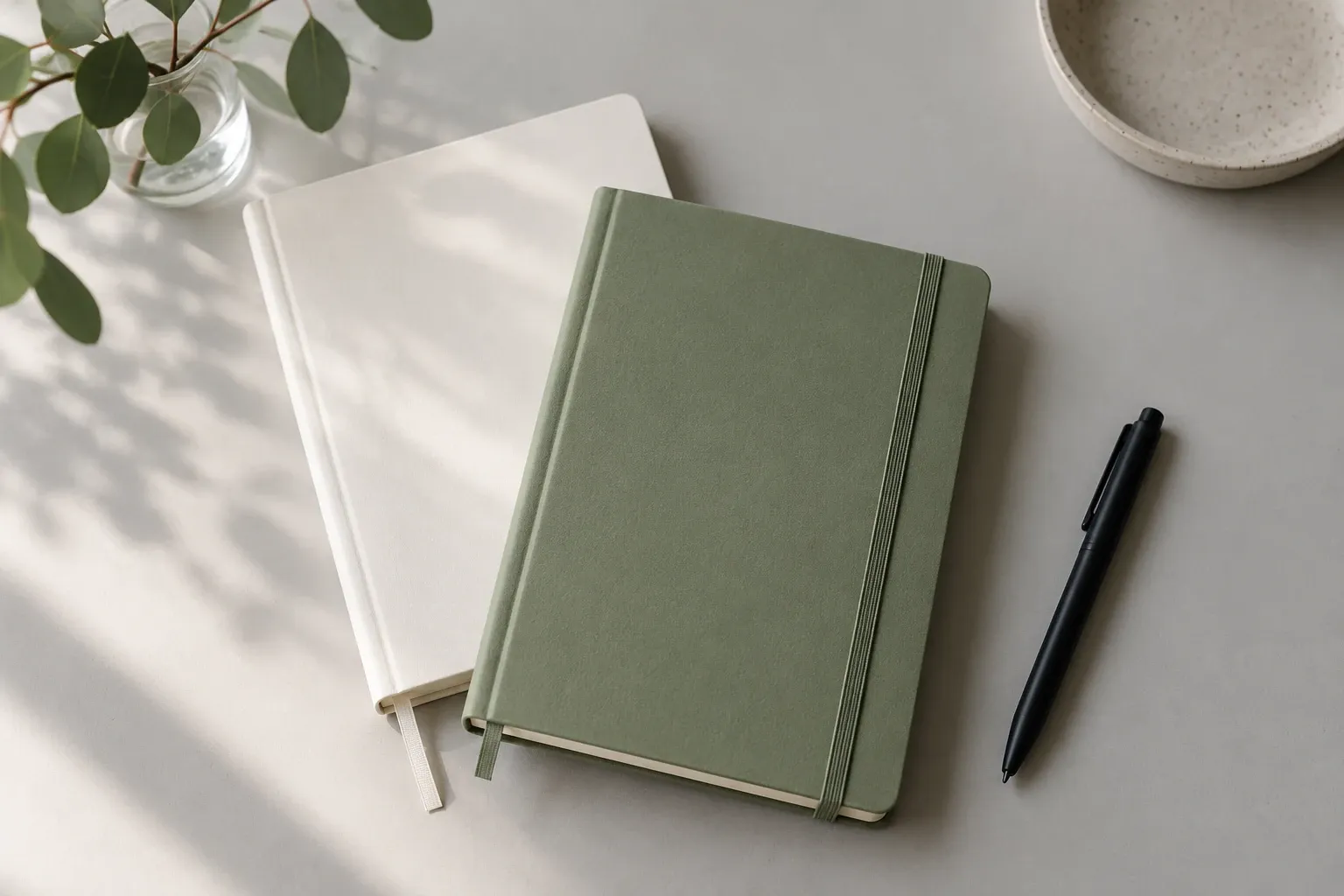 Twee notitieboeken (groen en wit) naast zwarte pen op tafel met zacht daglicht