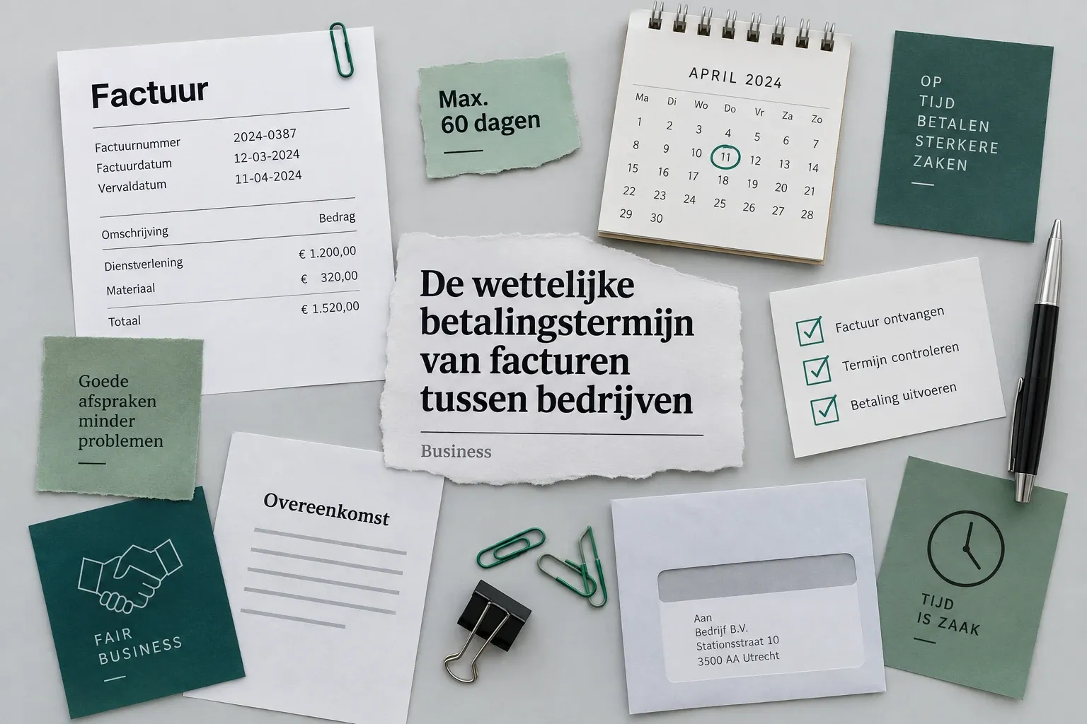 Werktafel met factuur, kalender, envelop en notities over betalingstermijn 60 dagen