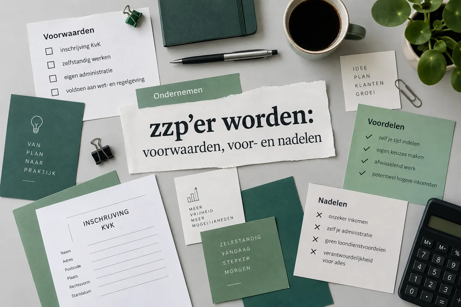 Bureau met documenten over zzp’er worden, koffie, pen en rekenmachine